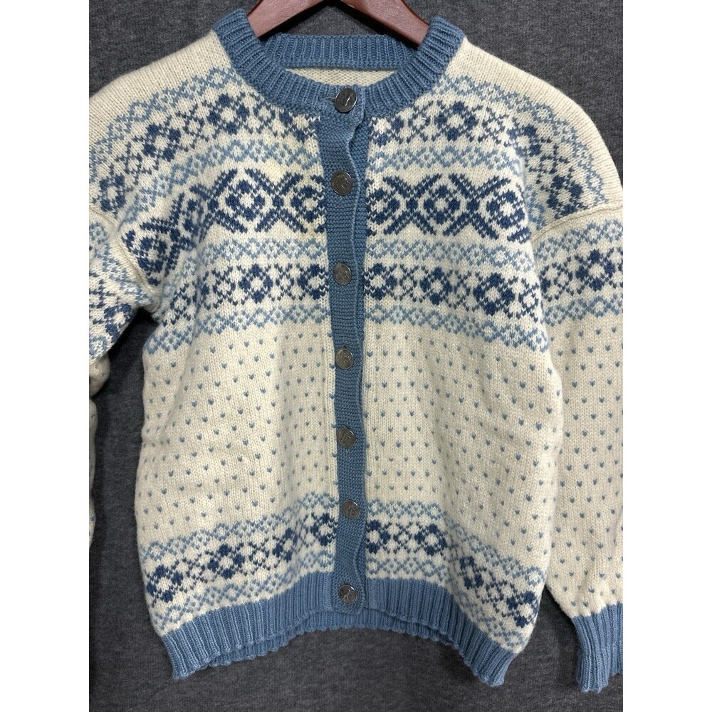 VTG Hand Made Nordic Fair Isle Wool Knit Cardigan Sweater Folk Blue XS Petite - Picture 2 of 9